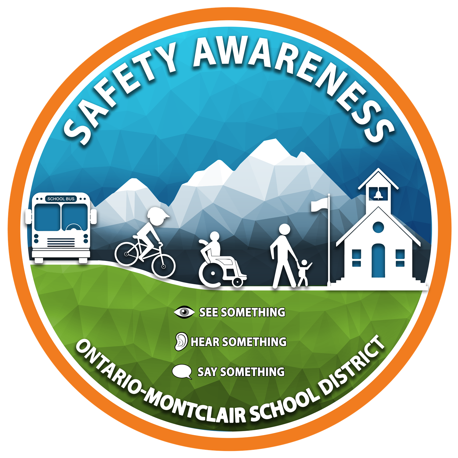 Safety Awareness Logo showing a bus, bicycle, person in wheelchair, and parent/studnet walking to school.